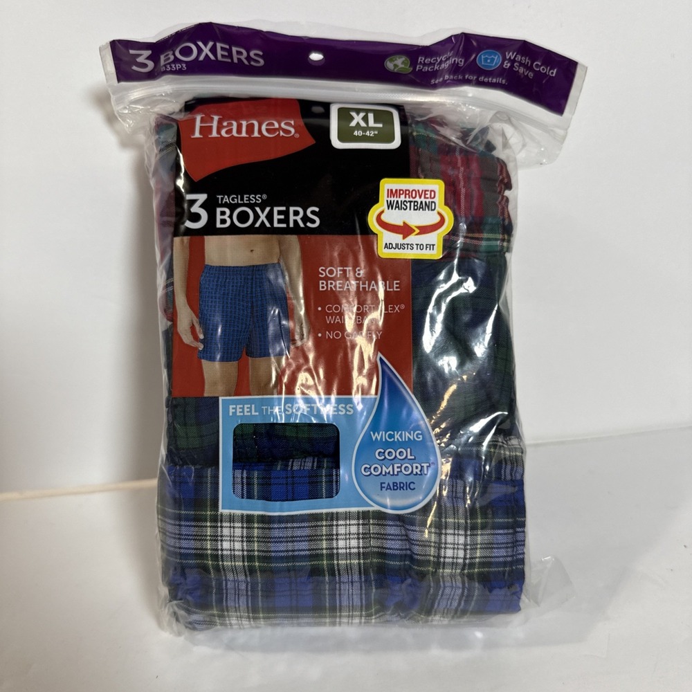 HANES (3 PACK) Men's Cool Comfort Boxer Briefs Sz‎ XL 40-42" Plaid Pattern